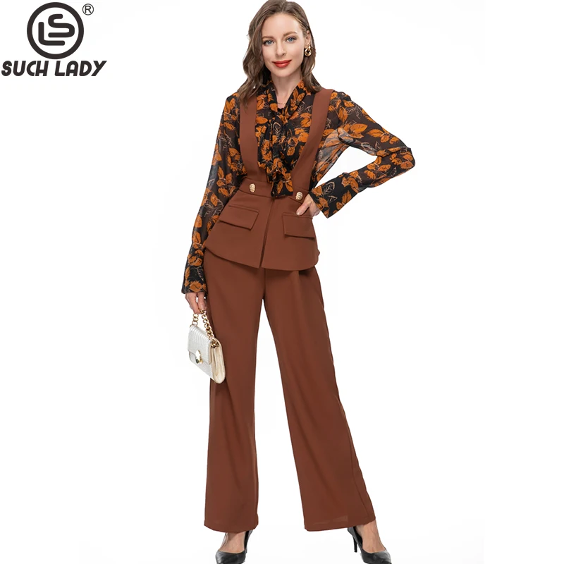 

Women's Runway Two Piece Pants O Neck Long Sleeves Lace Up Printed Shirt with Wide Leg Pant Fashion Twinset Sets