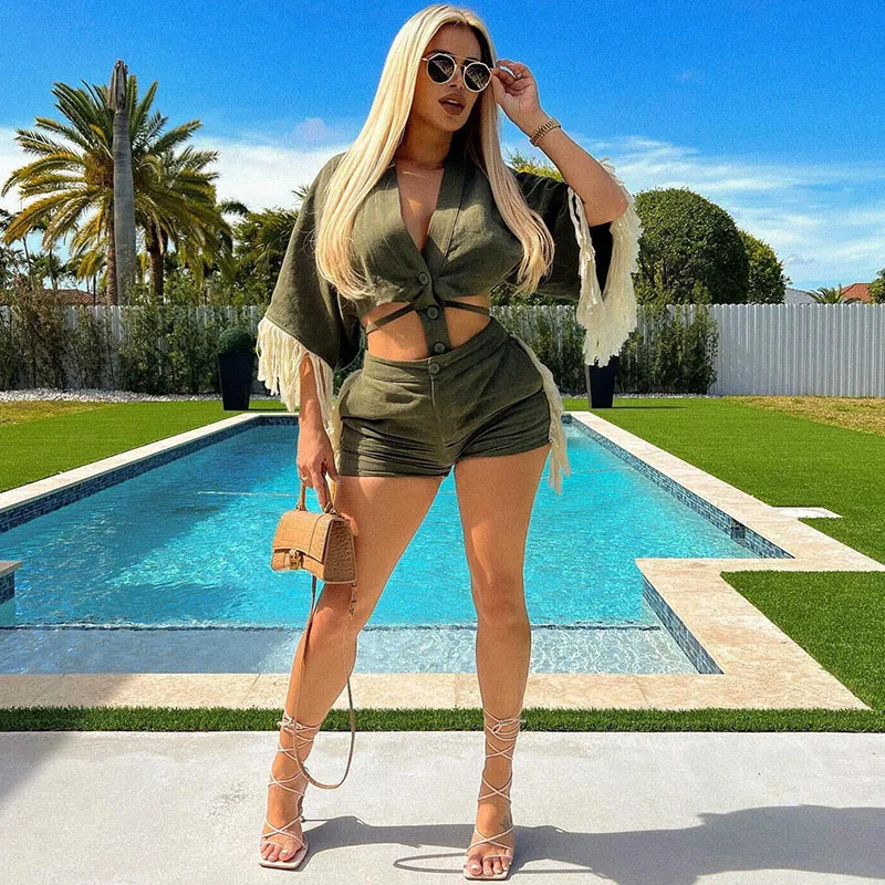 

Vacation Beach Tassel Two Piece Set Summer Outfits for Women 2023 Button Up Crop Top and Shorts Suits Party Club Matching Sets