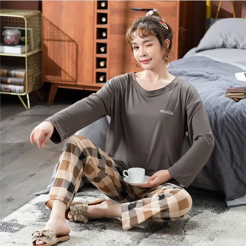 

Women Pajamas Set Cotton Pyjama Plaid Pijama Female Homewear Soft Sleepwear Home Clothes Long Sleeve Top Pants Suit Nightwear