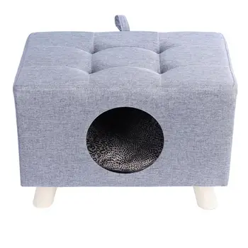 Cat Nest, Pet House Bench, Wood Pet House Cat Cave with Mat, Pet House Foot Rest Stool with Cushion, Cube for Cats and Small Dog 3