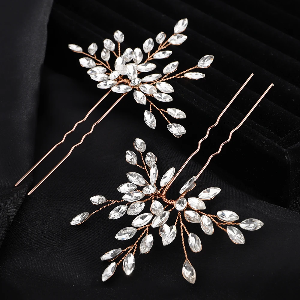2PCS Rhinestone Women Bridal Hairpins Fashion Handmade Party Wedding Hair Accessories Jewelry Bridesmaid Bride Headpiece Tiaras