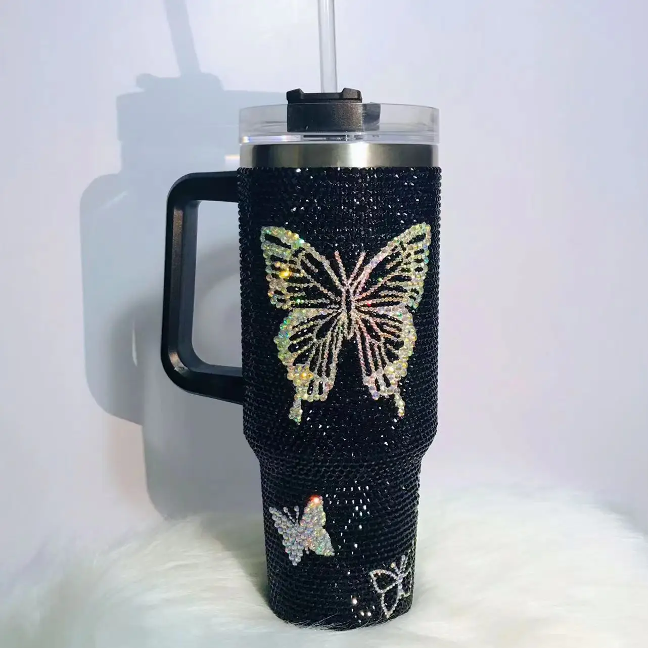40oz Rhinestone Embellished Coffee Mug Stylish Luxury with Handle Lid Straw Tumbler Drinkware Thermos Stainless Steel Vacuum Cuporange Diamond, Size