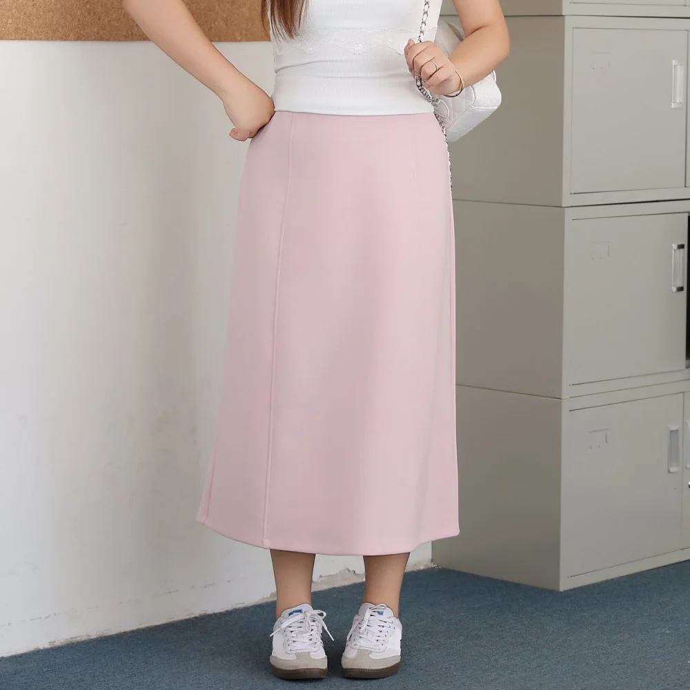 Pink Mid-Length high-waisted A-Line Skirt Plus Size Women Premium Sweet Younger Long Skirt 9239