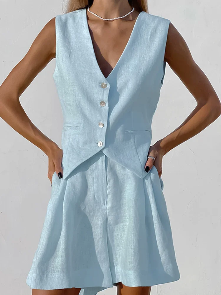 Cotton Line Waistcoat Shorts Sets Women Elegant Sleeveless Single Breasted Top Two Piece Set Womens 2023 Summer Lady Set