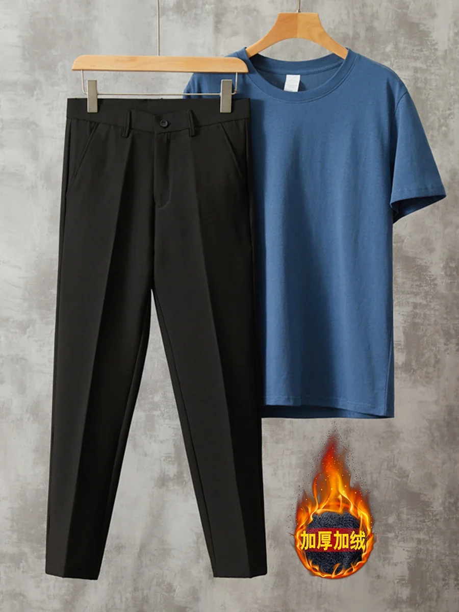 

2024 gentleman Men's plush pants, autumn and winter casual cropped pants, small suit pants, loose tapered pants 4370