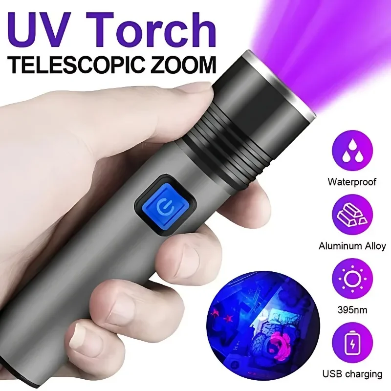 

Rechargeable LED UV Flashlight Ultraviolet Torch Zoomable Mini 395nm/365nm UV Black Light Pet Urine Stains Detector Hunting