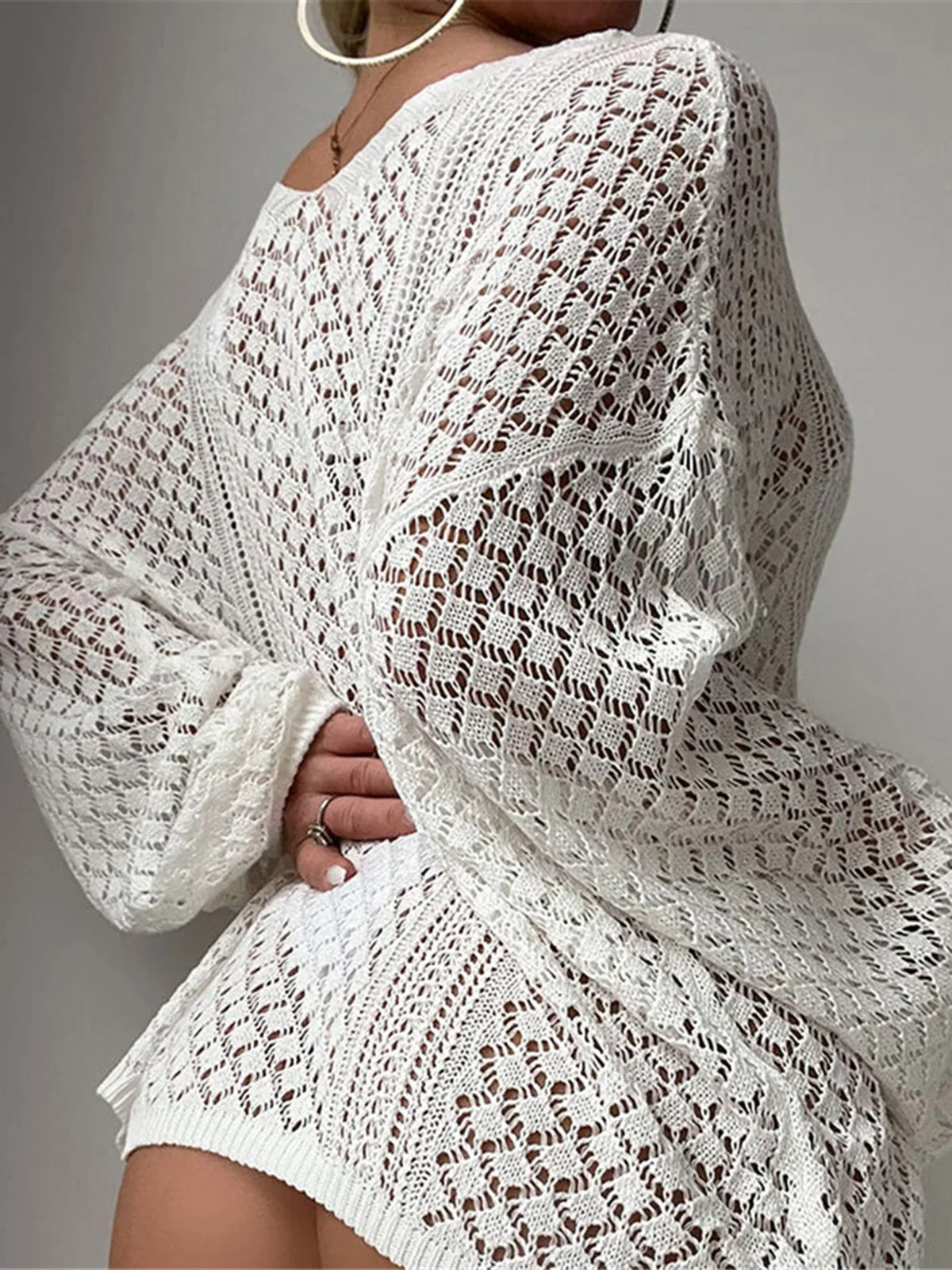S - XL New V Neck Long Sleeve Crochet Knitted Tunic Beach Cover Up Beach Wear Beachwear Female Women Cover-ups Beach Dress V8284 5