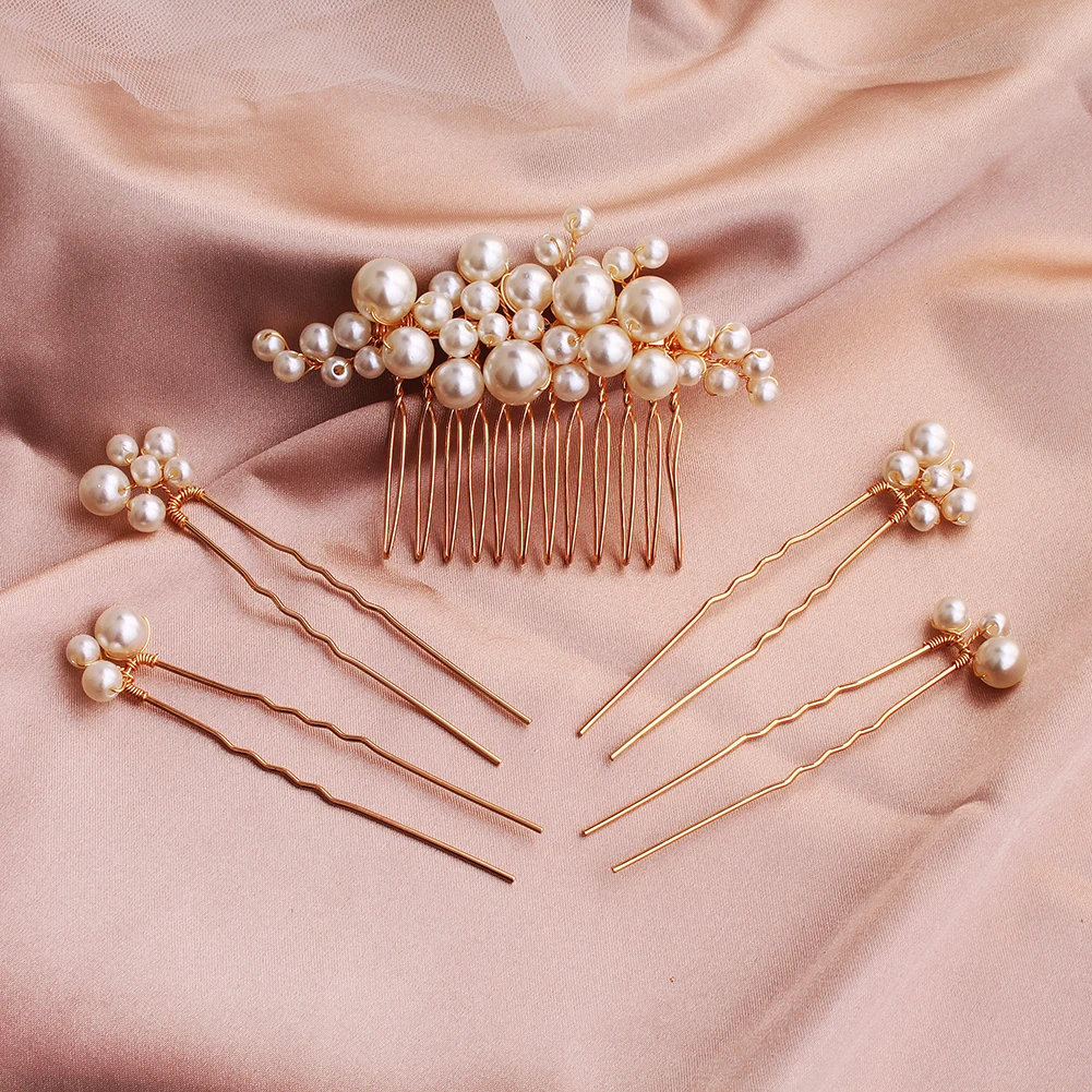5PCS Pearl Rhinestone Bridal Comb Hairpin Set Bridal Wedding Hairpin Hairstyle Making Model Headdress Jewelry Bridesmaid Gifts