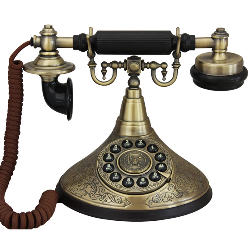 

Vintage Antique Telephone Copper Metal Nostalgic Push-Button Telephone with Embossed Pattern, Corded Landline Phone for Home