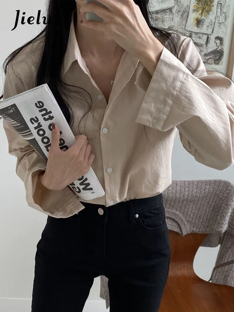 Jielur Korean Chic Simple Loose Women Shirt Casual Solid Color Fashion Shirt Woman White Khaki Green Street Top Female Korean 2023 classic khaki single breasted loose blazer for women office wear fashion coat basic suit jacket female chic outwear tops