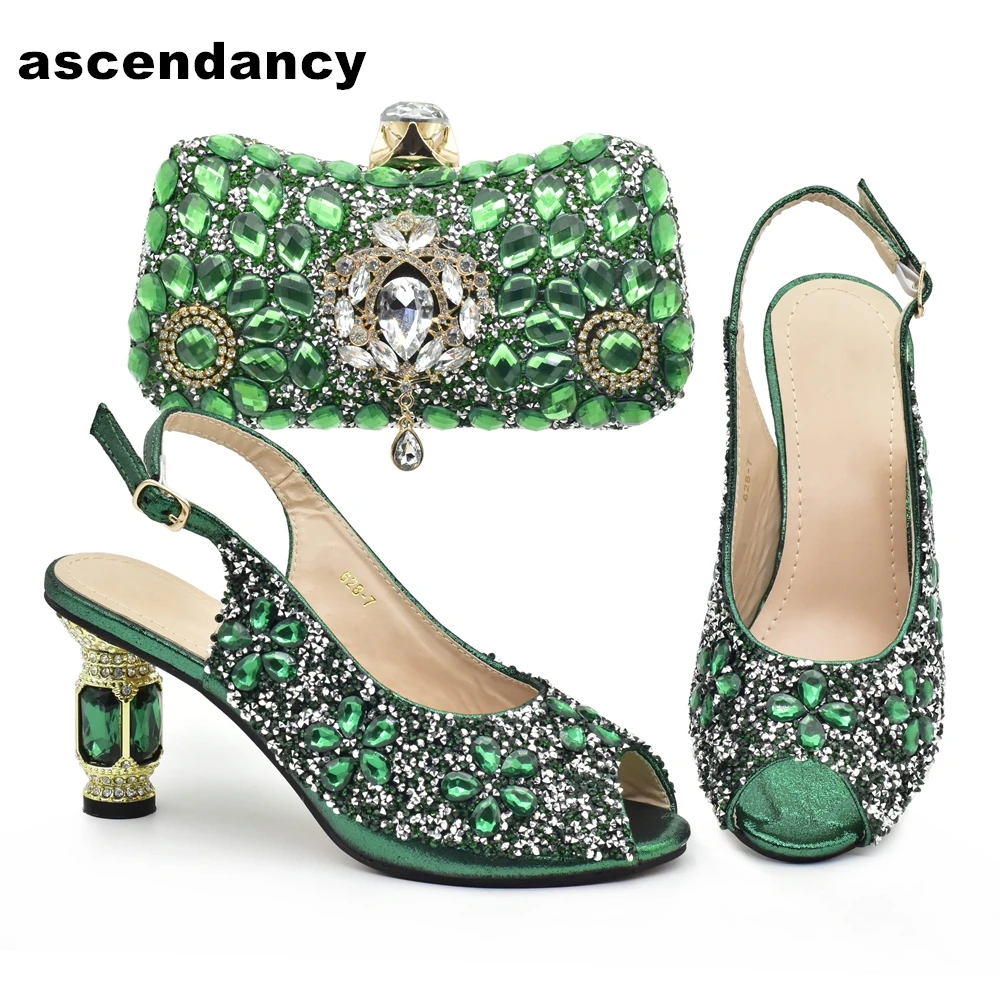 

African Women Party Shoes and Bag Set with Rhinestone Wedding Shoes Bride Designer Shoes Women Luxury 2022 High Heels Pumps