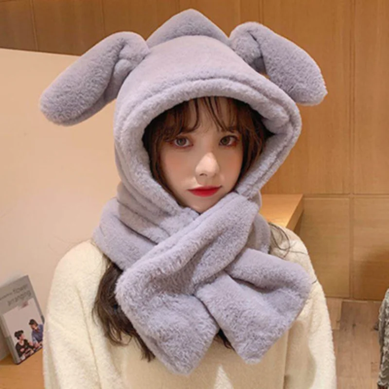 

Plush Moving Hat and Scarf In One Soft Thickening Outdoor Warm Scarf Beanie Skullies Winter Cute Rabbit Hats for Women