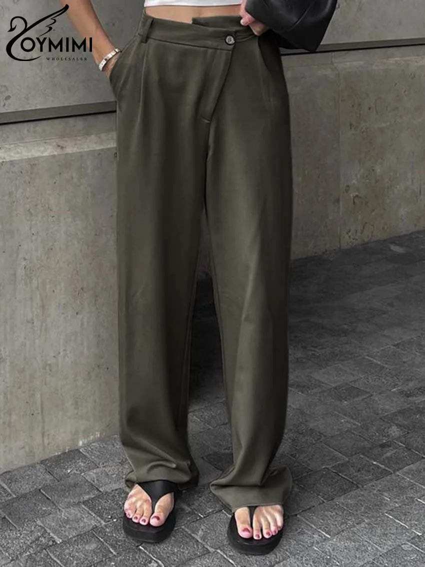 

Oymimi Fashion Grey Button Pants For Women Elegant High Waist Straight Trousers Casual Solid Full Length Pants Female Clothing