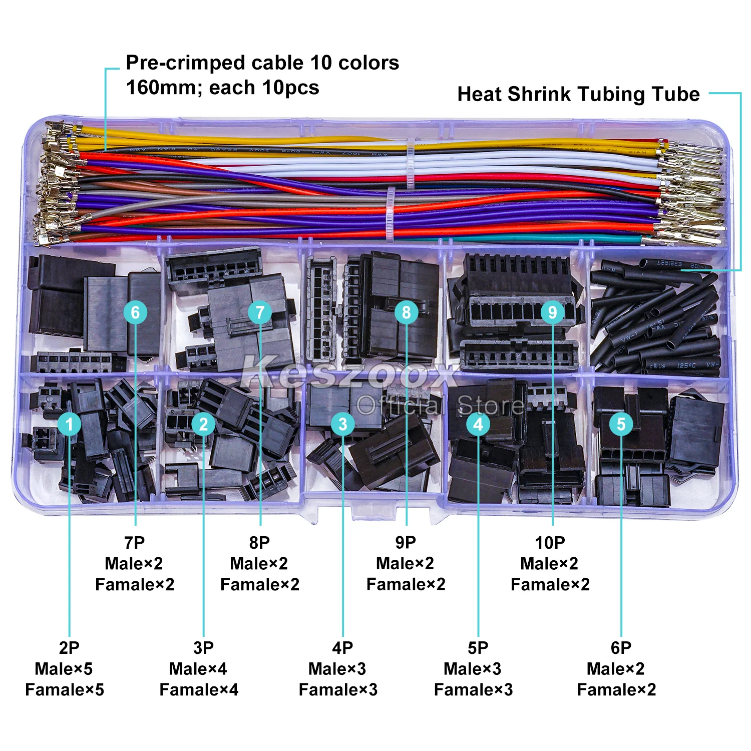 Keszoox JST 2.5mm 커넥터, SMP SMR SM 2.54 2-6 핀 수 암 커넥터 하우징, 22AWG 프리 크림프 케이블 포함