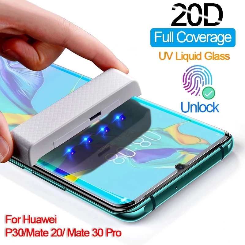 UV Glue Screen Protector For Huawei Mate 30 20 Pro Tempered Glass Full Cover For Huawei Honor