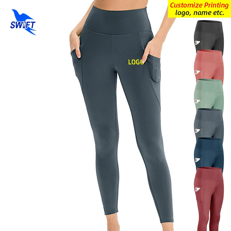 Customize Sport Pants Women High Waist Fitness Leggings with Pockets Quick Dry Stretch Gym Running Tights Female Bottoms