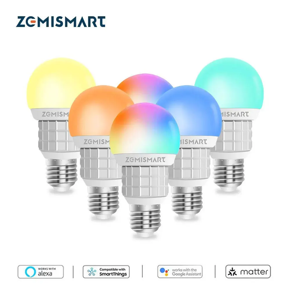 

Zemismart 6 Pcs Matter WiFi LED Light Bulb 7W E27 Smart Dimmable Lighting RGB+CW+WW Siri SmartThings Alexa Google Home