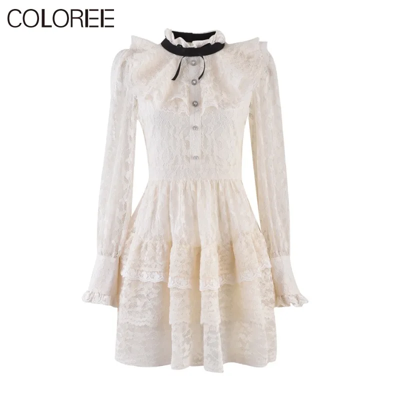 

Korean Fashion Elegant Bow Long Sleeve Mini Dress for Women 2023 Spring Autumn Vintage Ruffles White Lace Dresses Ropa De Mujer