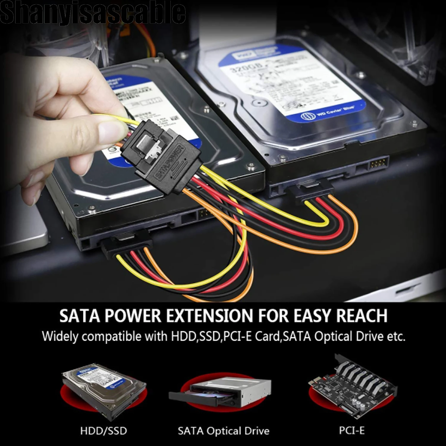 SATA Power Y-Splitter Cable 0.15M 15 Pin 8 Inches 2 Pack, sata power cable
