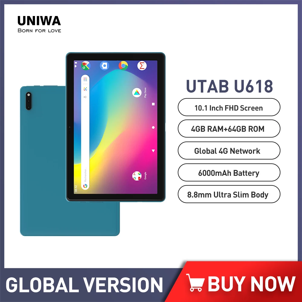 Uniwa Utab U618 Tablet Pc Android 10.1 4Gb 64Gb Dual Sim Card 10.1 Pollici Wifi Bluetooth Gps Tablet 4G Lte Telefonata Tablet