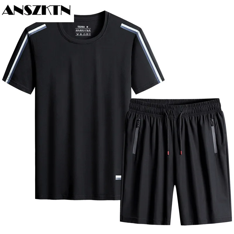 

ANSZKTN Summer ice silk short sleeve T shirt men's sport suit light speed dry breathable casual pants men's full set with tide