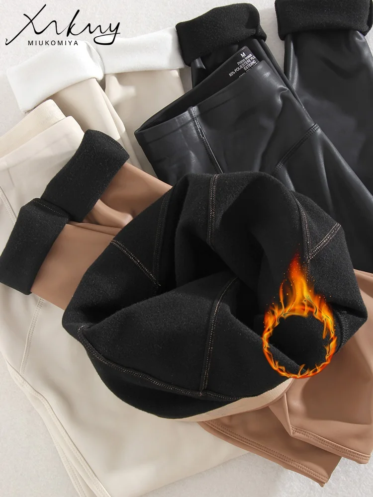 Women Leather Pants Warm Fleece Winter Black PU Trousers Fleeced Leather Leggings