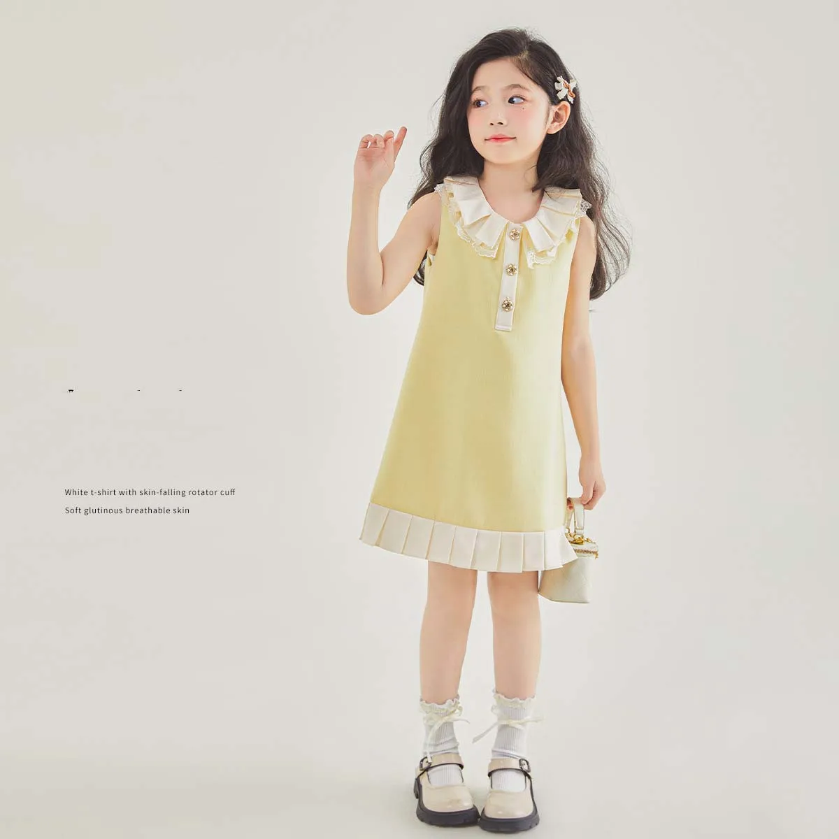 

Summer Junior Girl Dress Children Girl Lace One-piece Dress School Girl Sleeveless Dress Kids Girl Pleated Hem Princess Dress