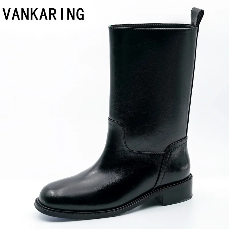 

smiple brand design cow leather mid calf boots for women thick mid heeled autumn winter warm shoes woman motorcycle boots woman