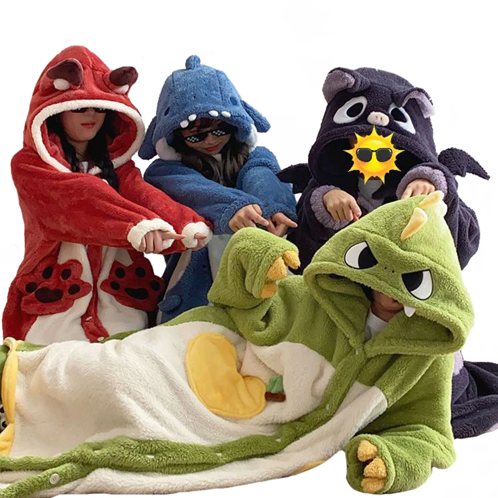 Women's Flannel Cosplay Costume Dinosaur Bat Rabbit Dog Animal Pajamas Cartoon Hooded Nightgown Halloween Christmas Nightdress