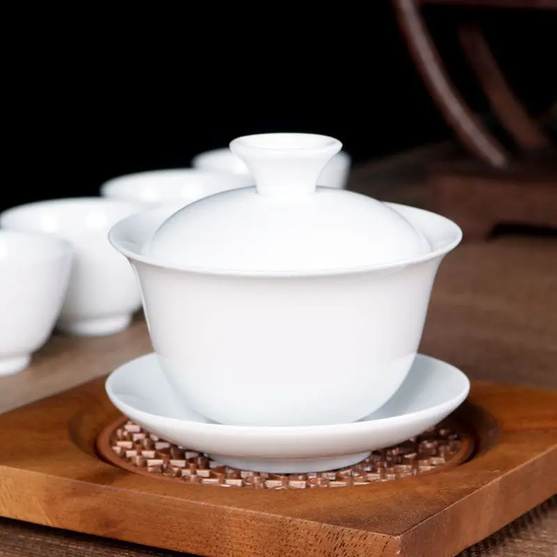 Chinese Gaiwan Tea Set Kung Fu White Ceramic Gaiwan White Teaware Sancai Tea Cup