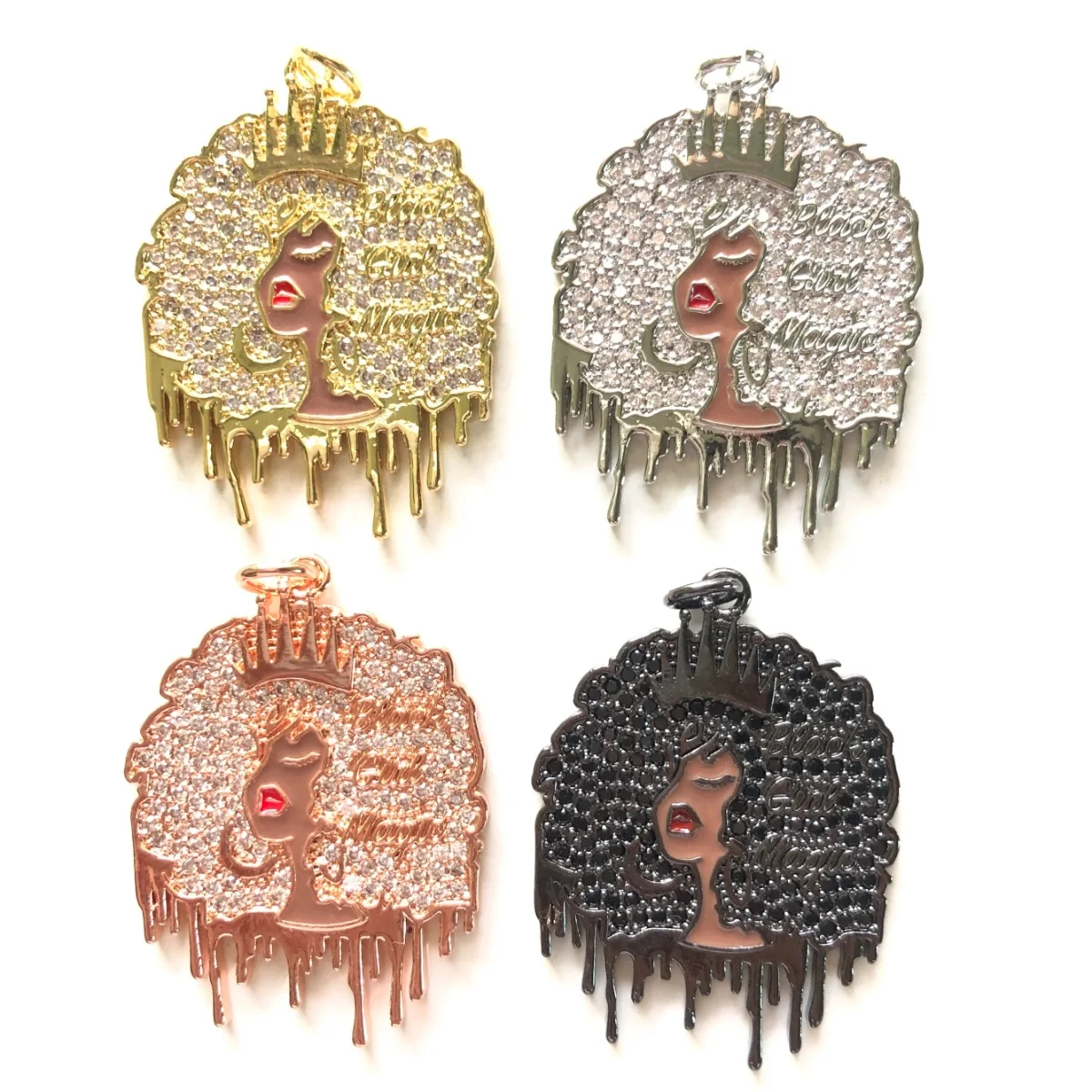 5pcs Afro Black Girl Magic Pendants for Women Bracelet Necklace Making Bling Zirconia Paved Gold-Plated Jewelry Accessory Supply
