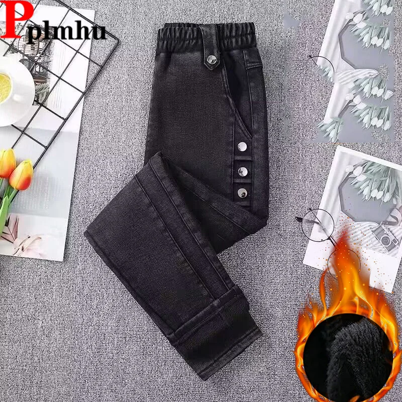 

Warm Winter Plush Lined Jeans Button Fly Skinny Denim Trousers Women Vintage Vaqueros High Waist Elastic Thickened Pencil Jeans