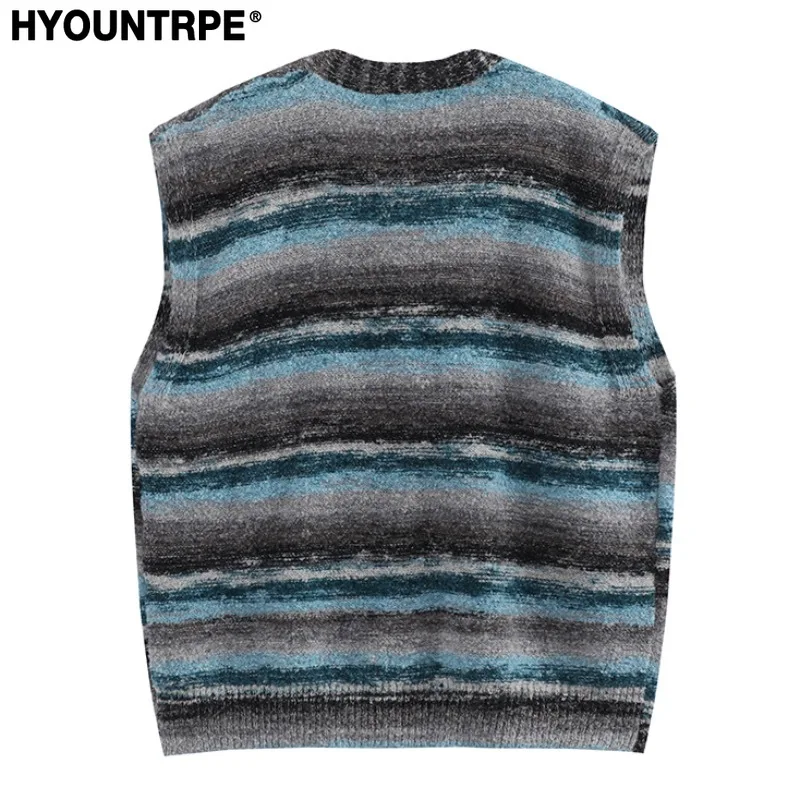 Fashion Colored Striped Knitted Vest Sweaters Unisex Harajuku Casual Single Breasted Vests Streetwear Sweater Jumper Knitwear