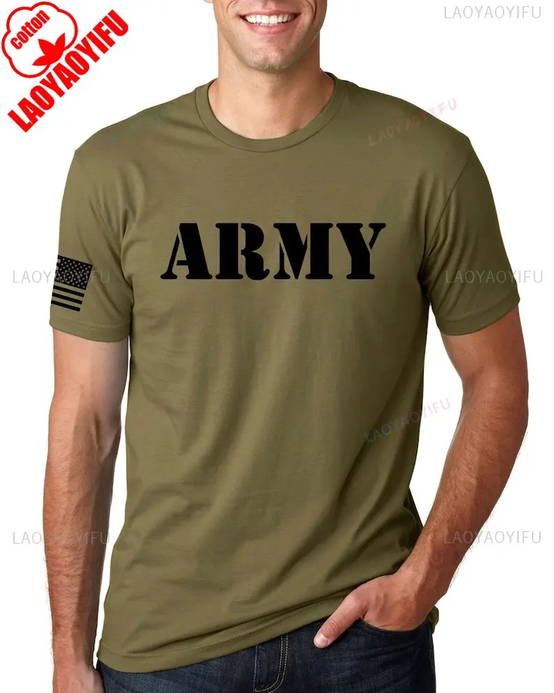 United States Army Tshirt with US Flag T-Shirt Men Crewneck Cotton Short Sleeve Veterans Souvenir Tee Tops Simple and Plain Top