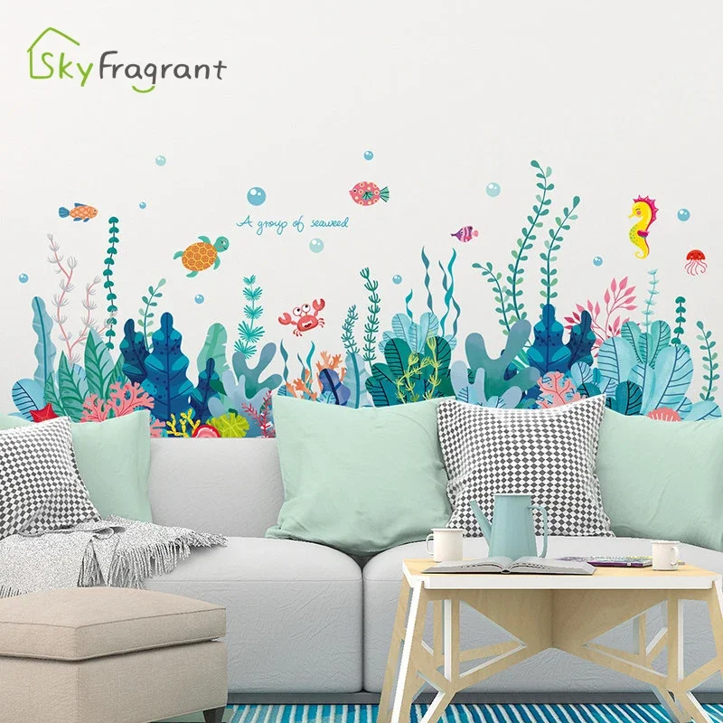 Colourful seagrass wall sticker bedroom decor living room wall decor room baseboard decoration self-adhesive stickers home, wall stickers,wall sticker