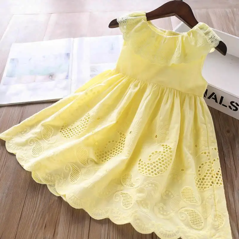

Costumes For Girls Dress Sleeveless Embroidered Ruffle O Neck Solid Color Pleated Skirt Fashion Loose Casual платье для девочки