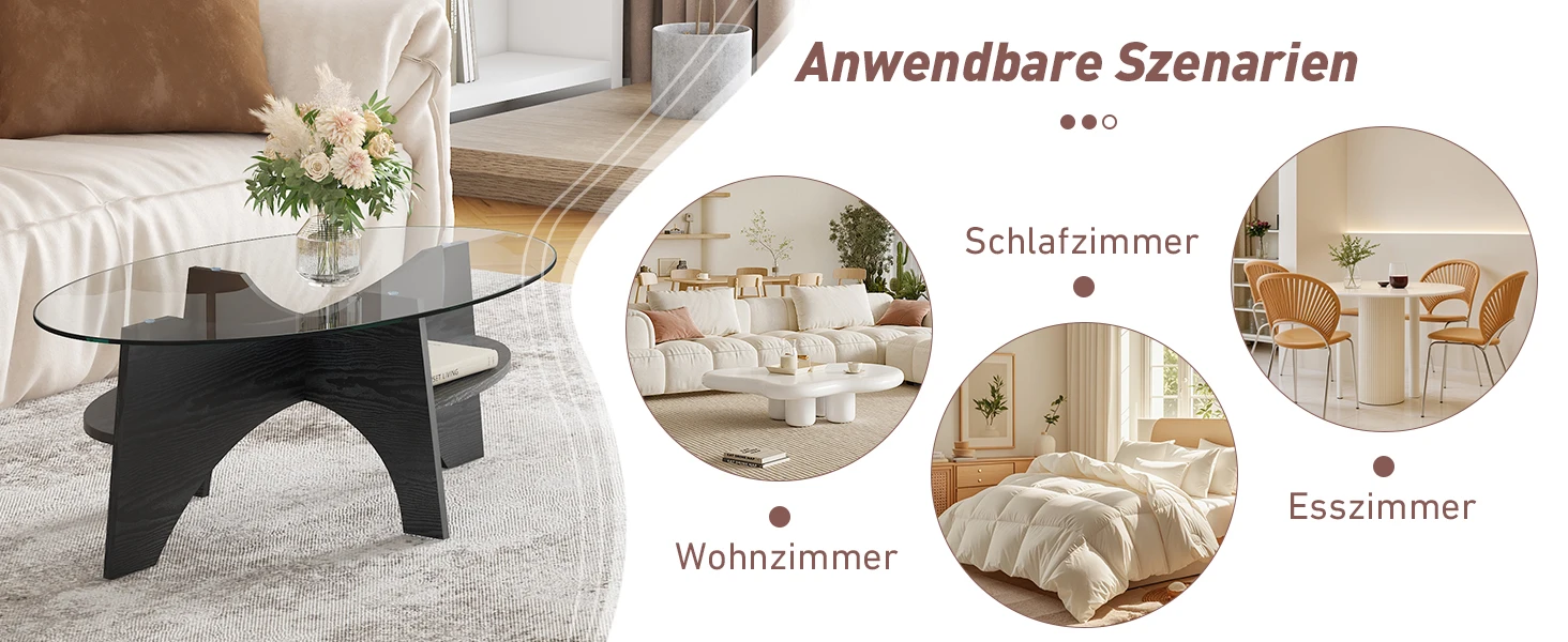 Modern ovaler Beistelltisch aus Sicherheitsglas 105x60cm, fächerförmiges MDF-Gestell schwarz, minimalistisch für Wohnzimmer&Büro – Detail 4