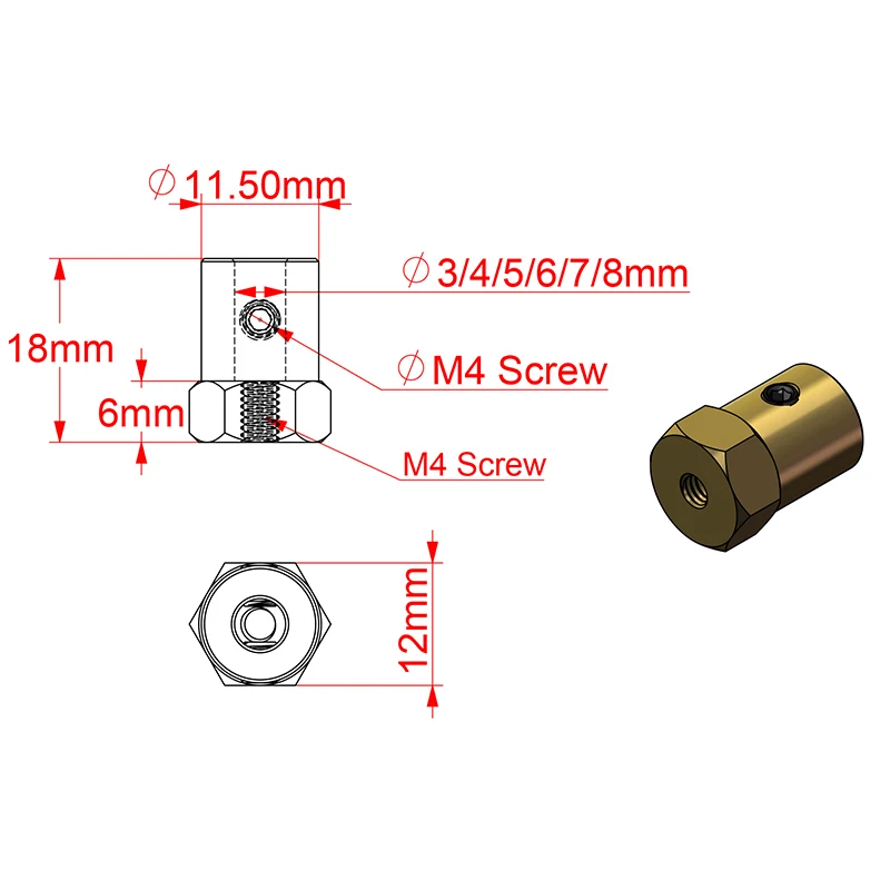 Shaft Coupler Flexible Coupling Shaft Connector Rigid Shaft Coupler GKTOOLS D12L18 Hex Coupler Brass Tire Connector 2/3/3.17/4/5/6/7/ 8mm Coupling for Decelerate Motor Shaft Robot Smart Car Wheel