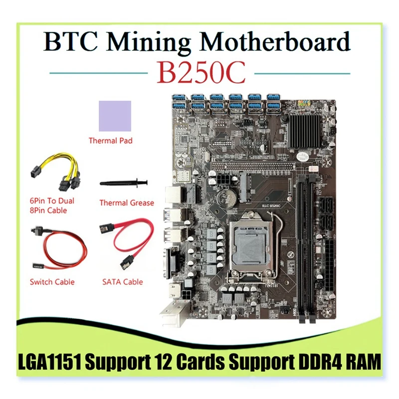 

B250C BTC Mining Motherboard 12 GPU+6Pin To Dual 8Pin Cable+SATA Cable PCIE To USB3.0 Slot LGA1151 Supports DDR4 RAM