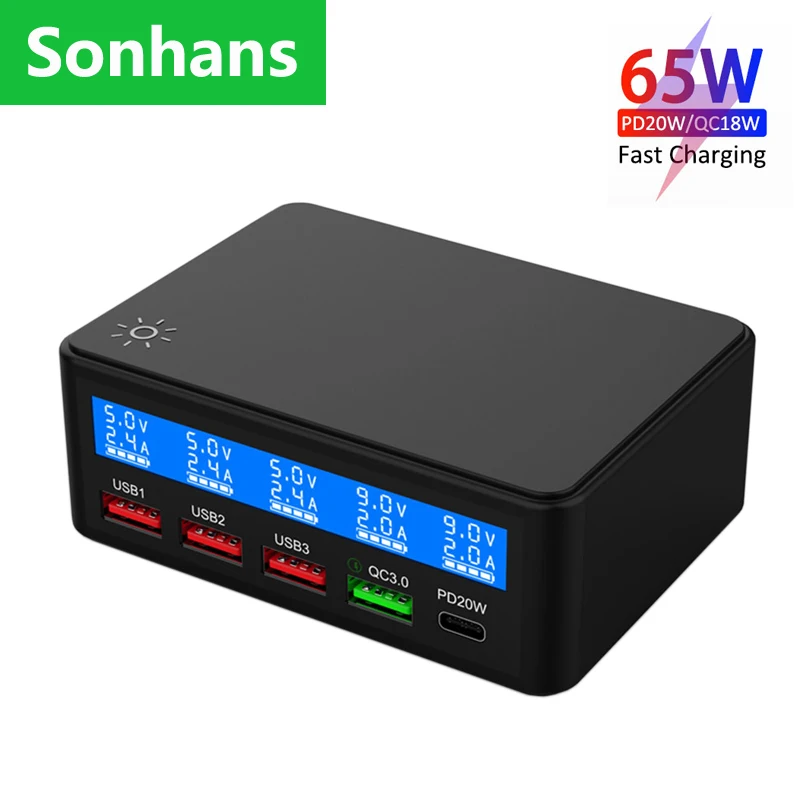 

65W 4Port USB Quick Charger LED Display Quick Charge TYPE-C PD Adapter Desktop Charging Station for iPhone13 12Pro XR Samsung