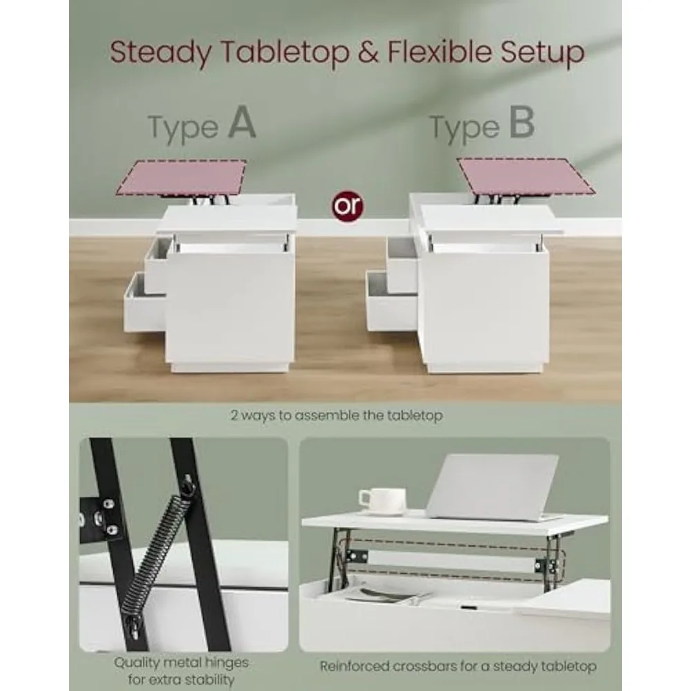 Lift Top Coffee Table with Drawers and Hidden Storage, Center Table for Tabletop Use