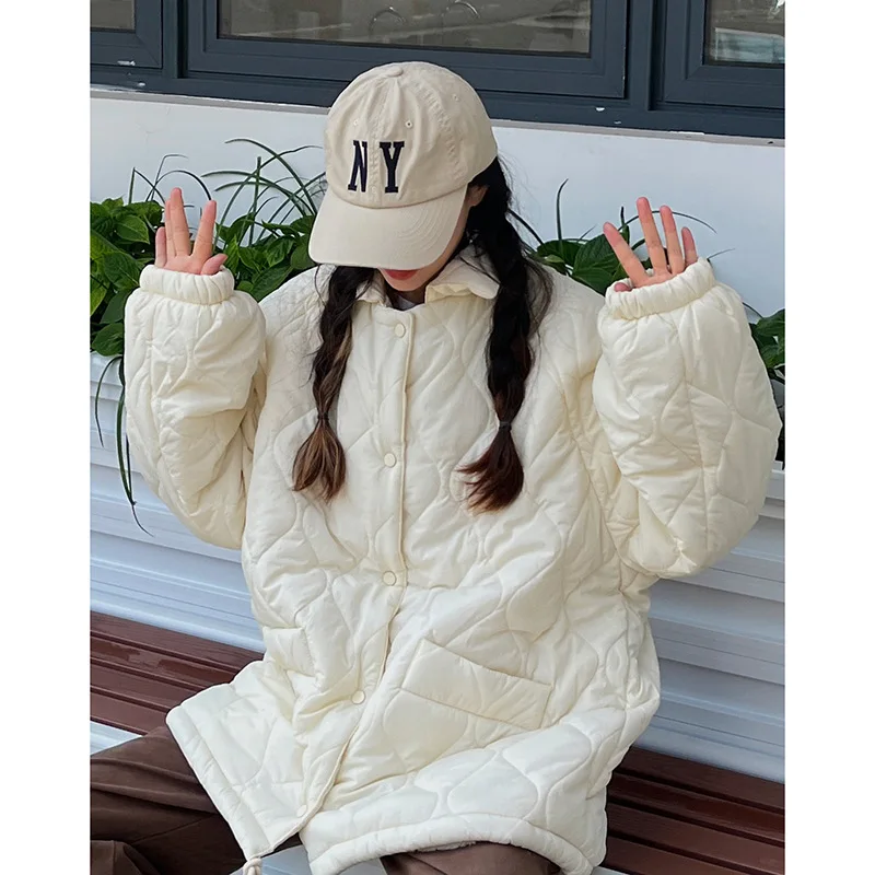 Oversized Puff Jacket Women Lamb Wool Stand Collar Loose Short Parkas Mujer Loose Padded Coat Korean Diamond Single Breastin