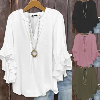 Women's V Neck Ruffle Sleeve Blouse Split Neck Layered Flare Cuff Casual Loose Chiffon Tops for Woman Clothing 1