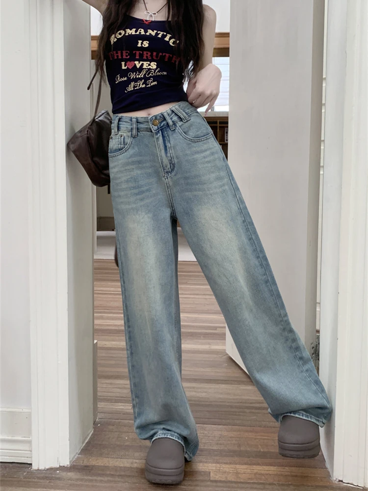 

Women's Retro Washed Blue Thin Jeans Young Girl Street Summer New Straight Bottoms Casual Trousers Female Wide Leg Pants
