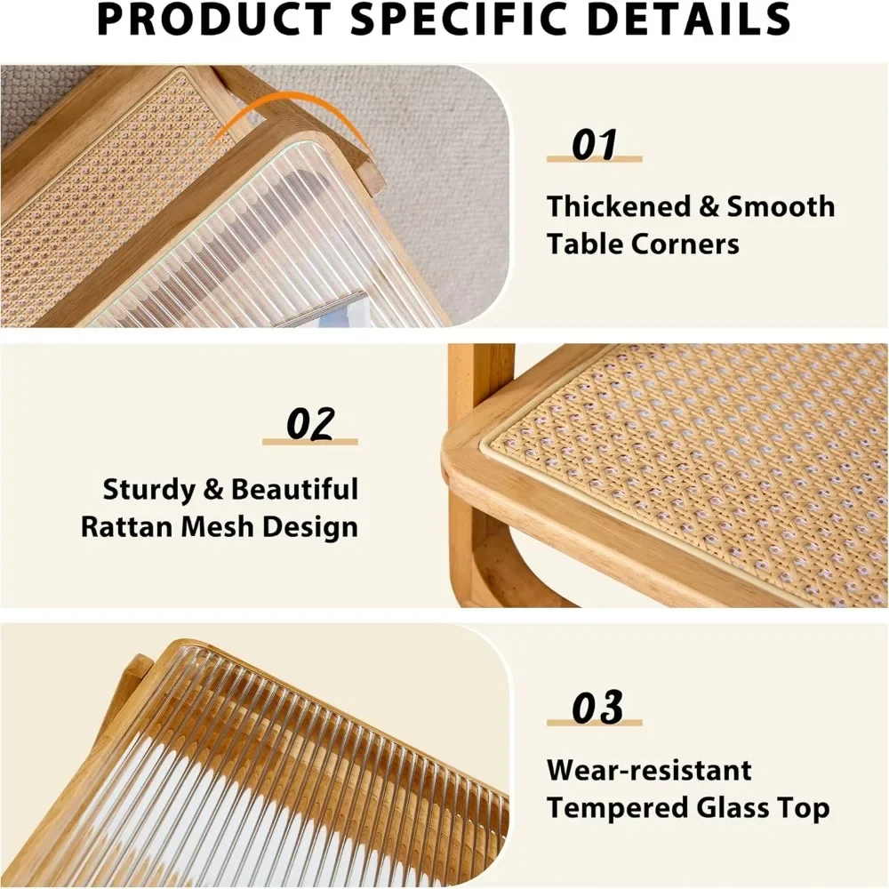 Rattan Coffee Table with Tempered Glass Top,Wood Coffee Table for Living Room,Glass Top Coffee Table with Imitation Rattan 6