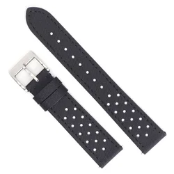 Rally Watch Band: Quick Release Sailcloth & Leather Strap with Perforated Design, Durable Watchband Accessories - 18mm (Black black line 1)