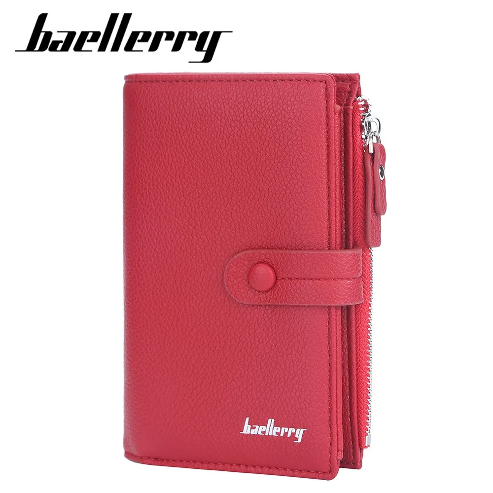Baellerry 2025 Women's Long Wallet with Buckle - Litchi Grain Pu leather Multi Card Slots, Zipper Coin Pocket Gift
