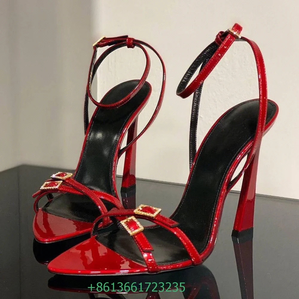 

Women Red Shiny Sexy Sandals Pointed Toe Stiletto Heel Patent Leather Ankle Strap Heels Crystal Square Buckle Open Toe Sandals