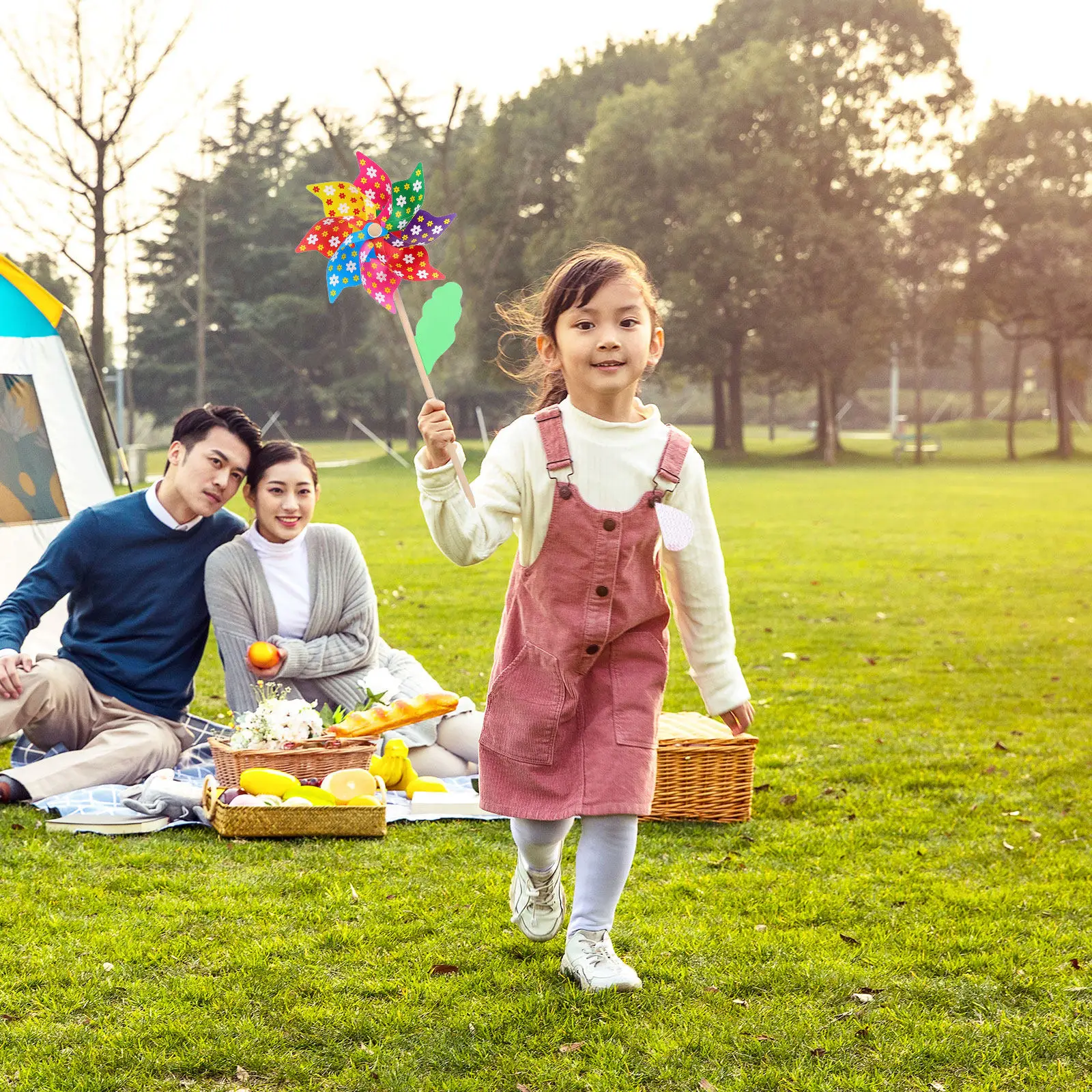 3Pcs 나무 기둥 풍차 휴대용 다채로운 매화 장식 바람개비 어린이 야외 장식품 매화 풍차