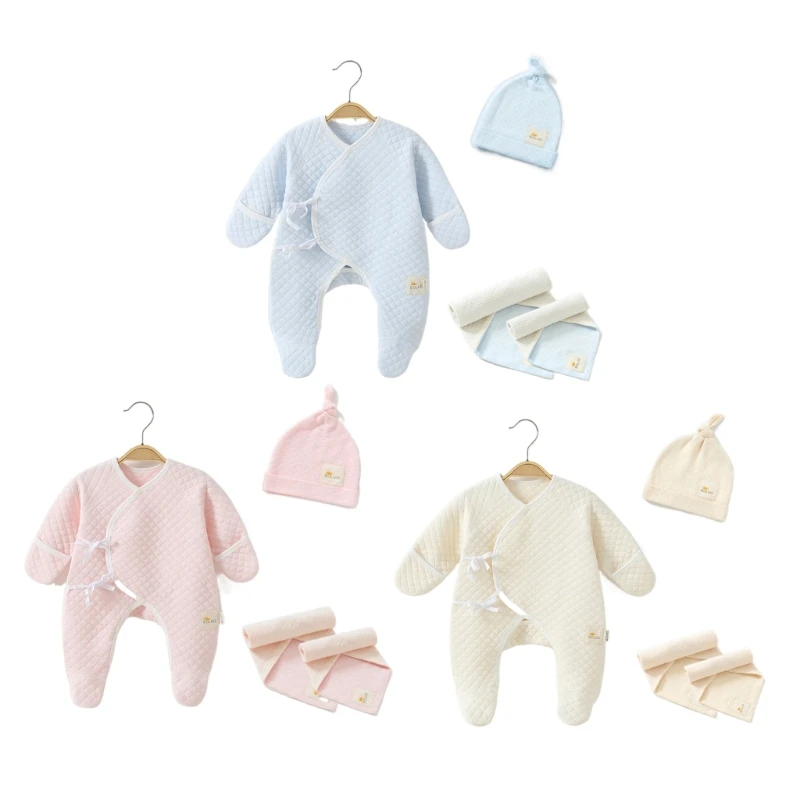 

Q81A Newborn Gift Set Cotton Hat Baby Towel Footed Jumpsuit Baby Girls Boys Gender Neutral Beanie Infant Shower Gift Box 4pcs